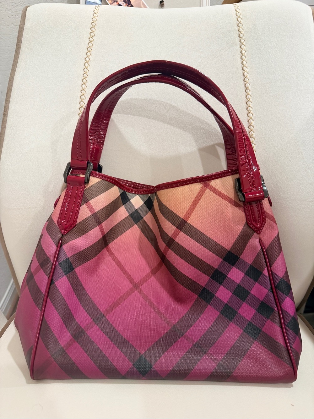 Burberry Pink Gradient Plaid Shoulder Bag with Red Patent Handles